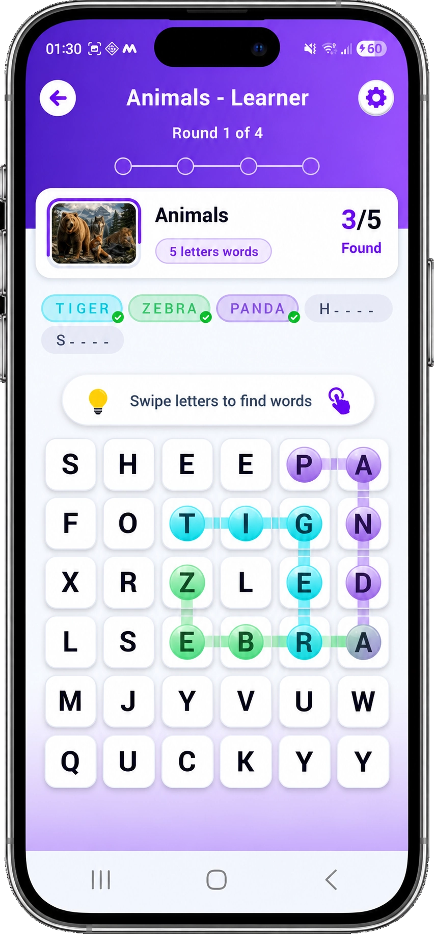 Word Quest animal word-search on a metallic phone