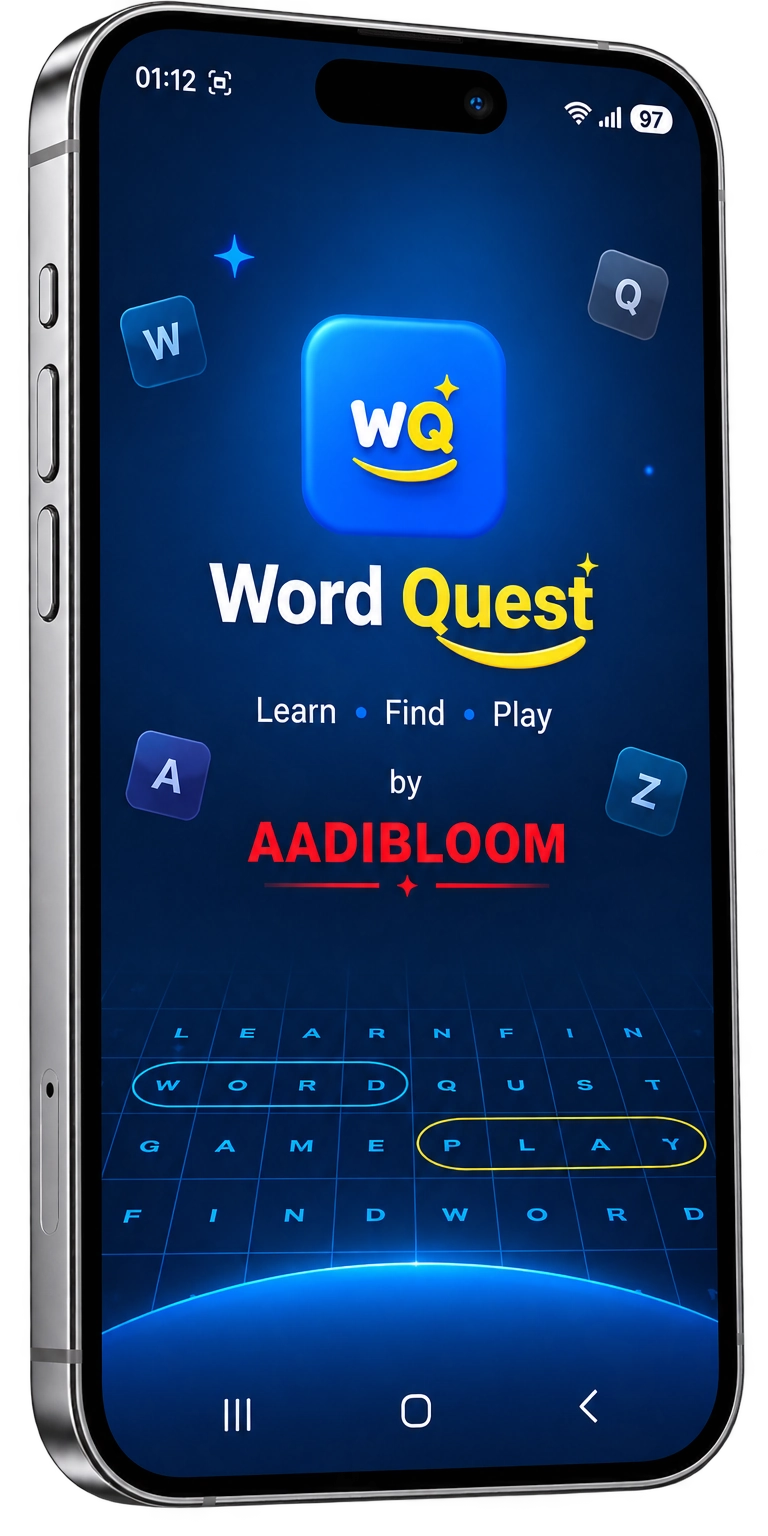 Word Quest splash screen on a metallic phone