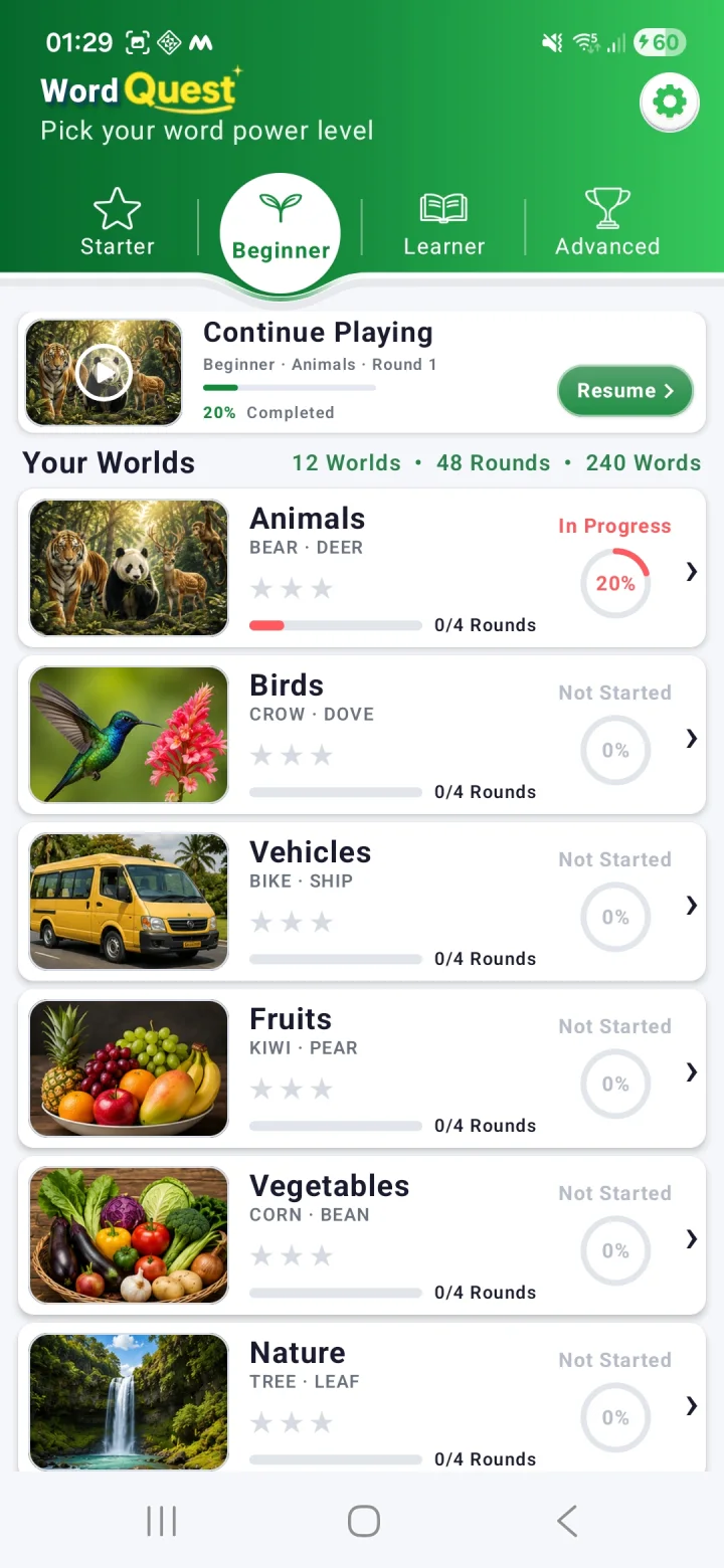 Word Quest levels and categories screen